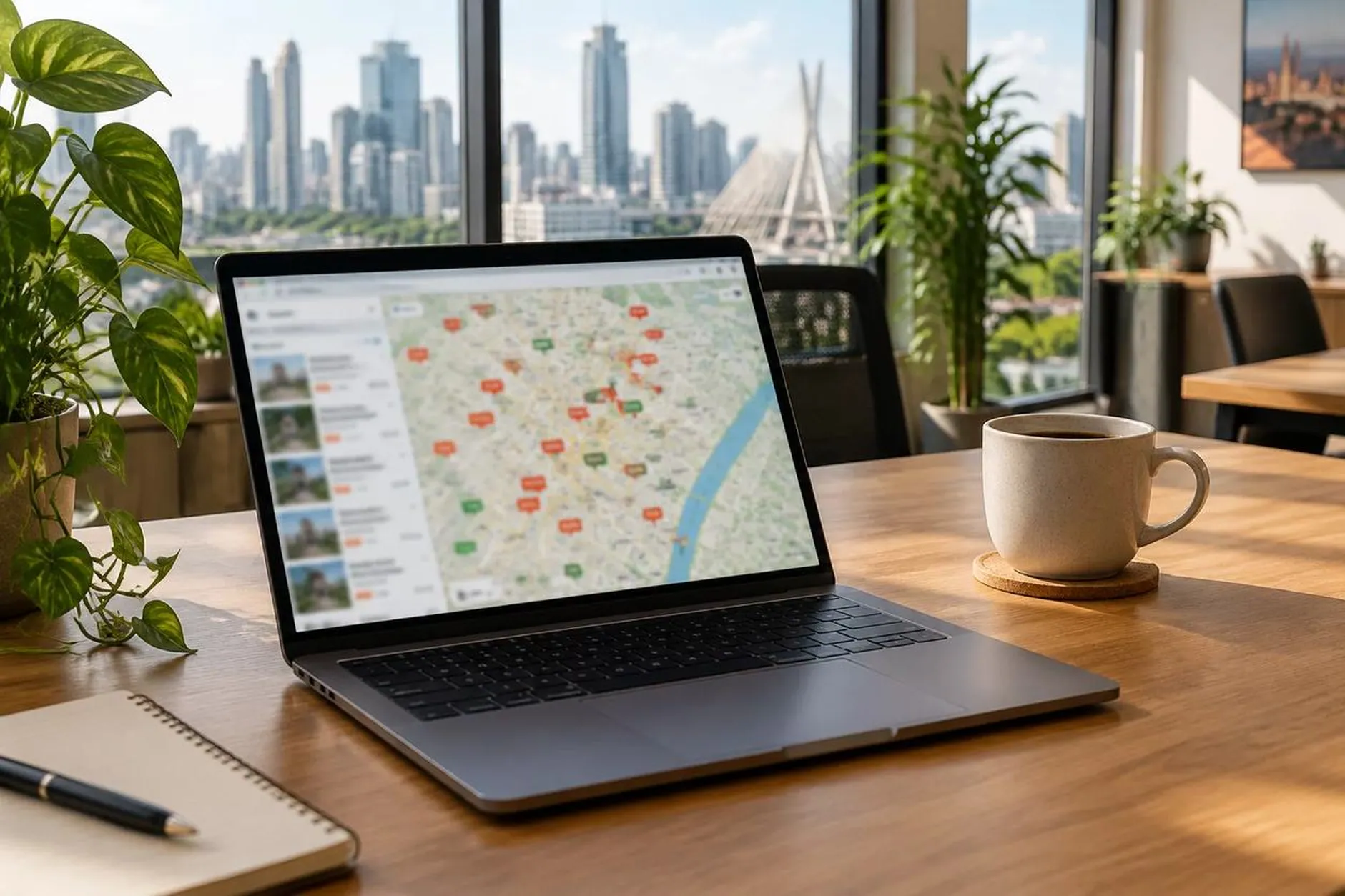 Mapa de bairros com preços aberto no notebook