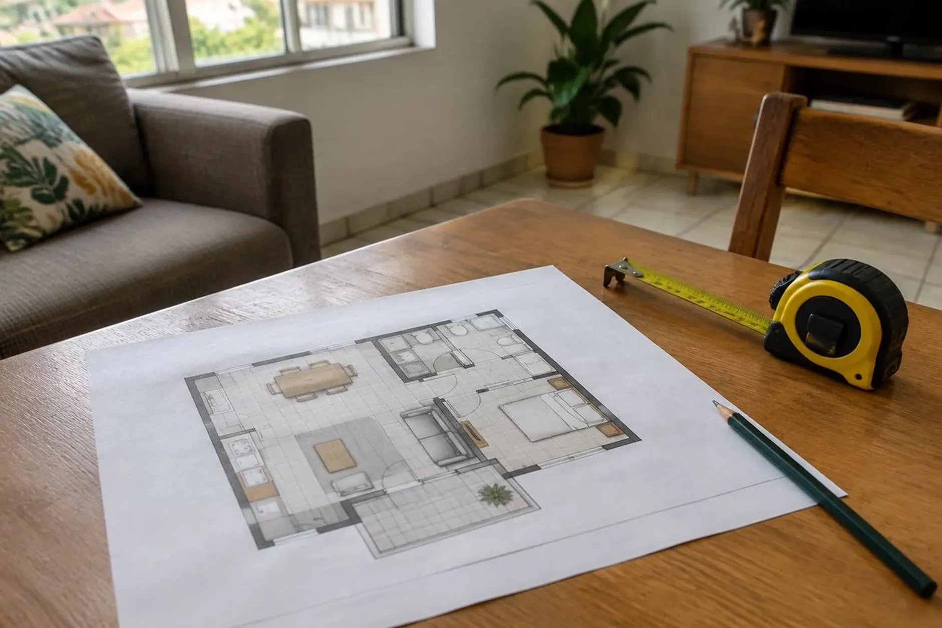 Planta de apartamento impressa, com trena e lápis, usada na avaliação do imóvel